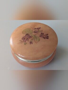 Vintage Genuine Alabaster Round Hinged Trinket Box "Lefton" Made In Italy. 3.5"